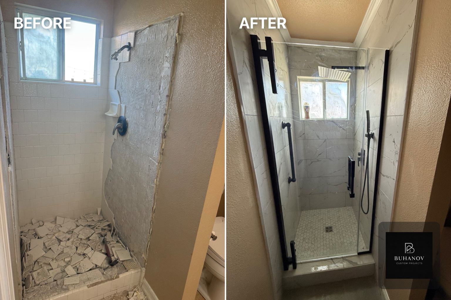 Marble-Look Shower Remodel Before and After